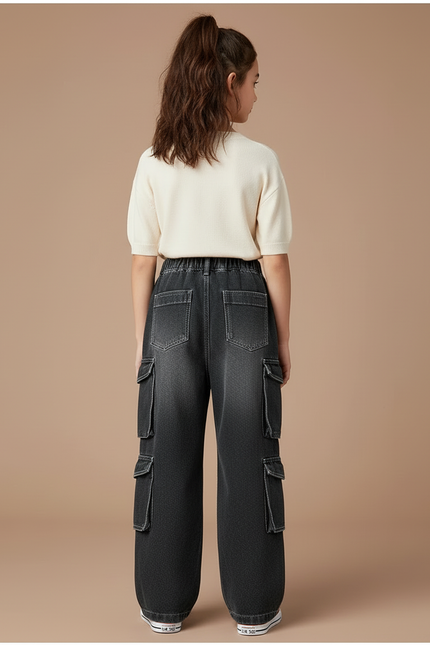 Pantalon Cargo Noir Délavé Ample Multipoches Enfant - Jean - vue 2