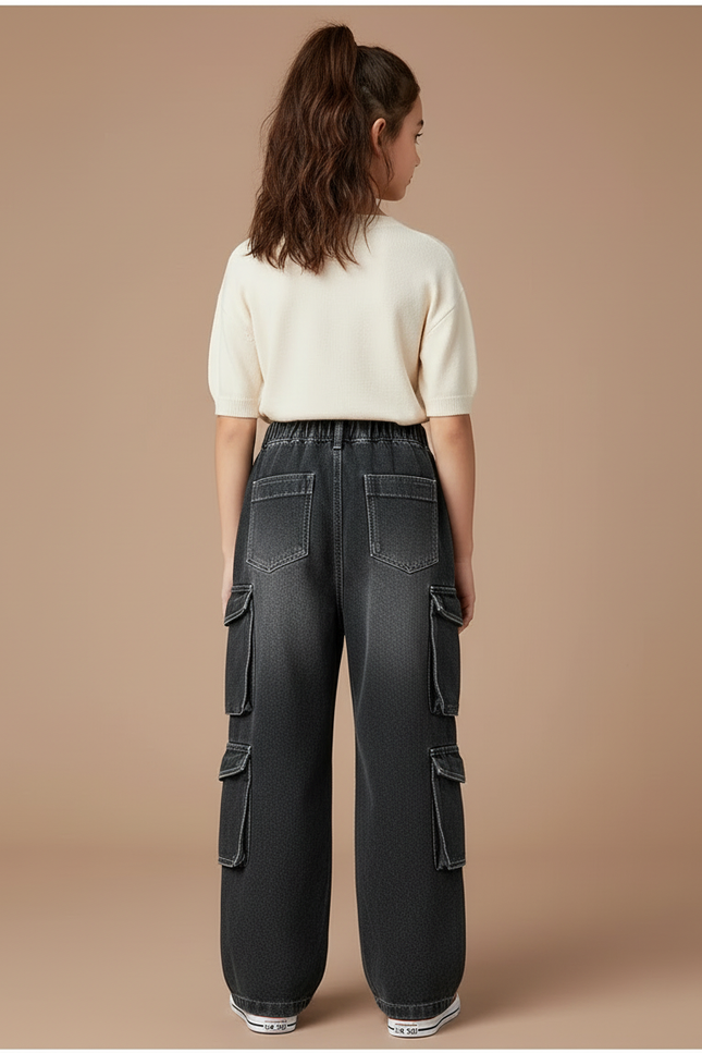 Pantalon Cargo Noir Délavé Ample Multipoches Enfant - Jean - vue 2