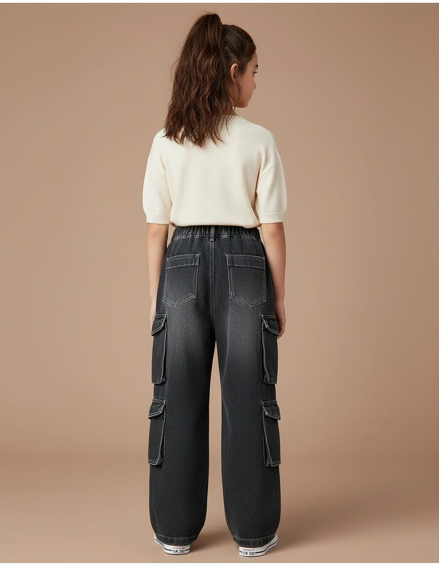 Pantalon Cargo Noir Délavé Ample Multipoches Enfant - Jean - vue 2