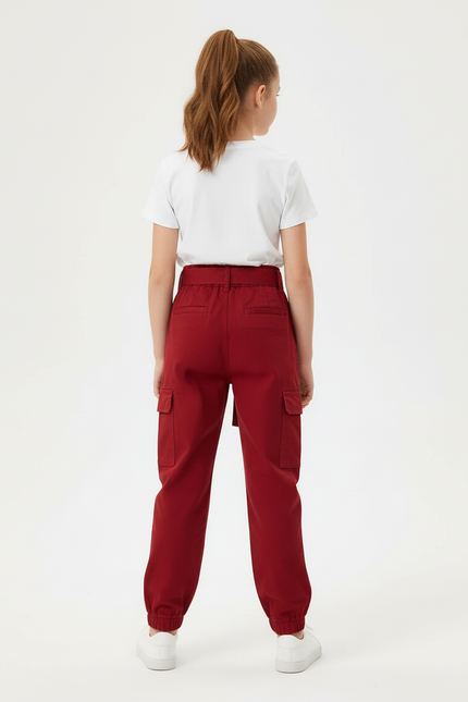 Pantalon Cargo Rouge Ample Multipoches Décontracté Ceinturé - Gabardine - vue 2