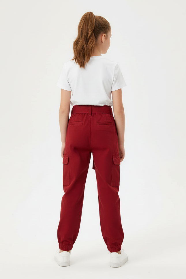 Pantalon Cargo Rouge Ample Multipoches Décontracté Ceinturé - Gabardine - vue 2