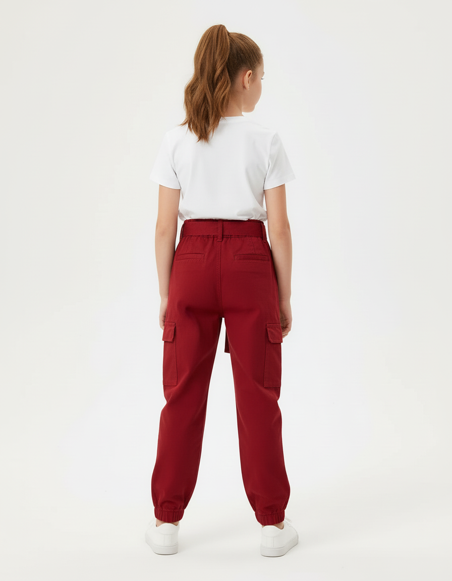 Pantalon Cargo Rouge Ample Multipoches Décontracté Ceinturé - Gabardine - vue 2