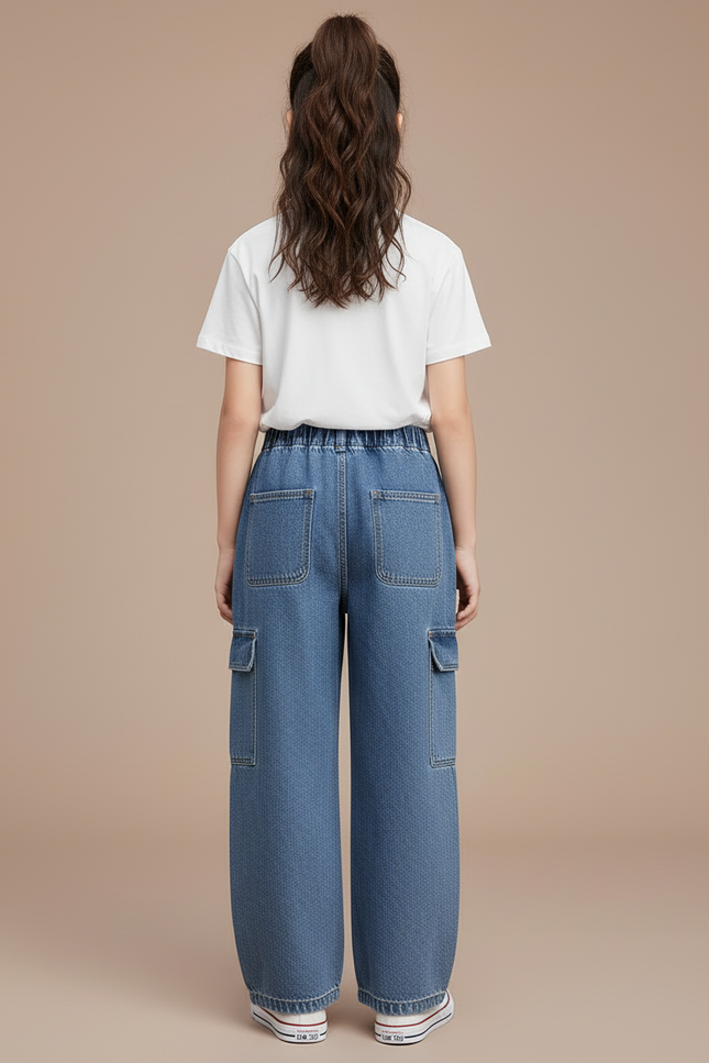 Pantalon Cargo Jean Ample Poches Latérales Enfant - Bleu - vue 2