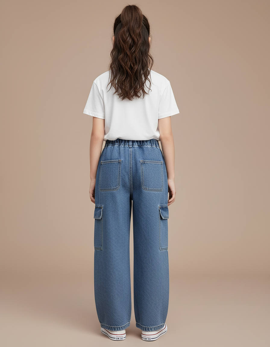Pantalon Cargo Jean Ample Poches Latérales Enfant - Bleu - vue 2
