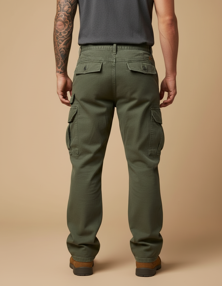 Pantalon Cargo Vert Militaire Ample Multipoches Coton - Kaki - vue 2