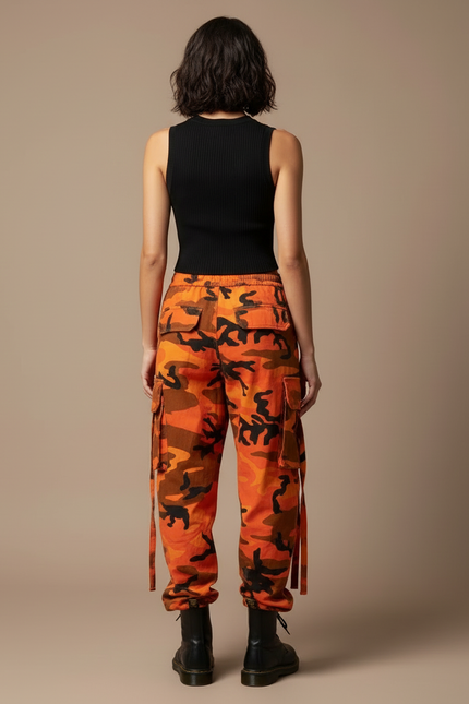 Pantalon Cargo Orange Camouflage Ample Streetwear Femme - Toile - vue 2