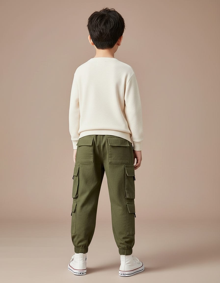 Pantalon Cargo Vert Kaki Ample Multipoches Garçon - Toile - vue 2