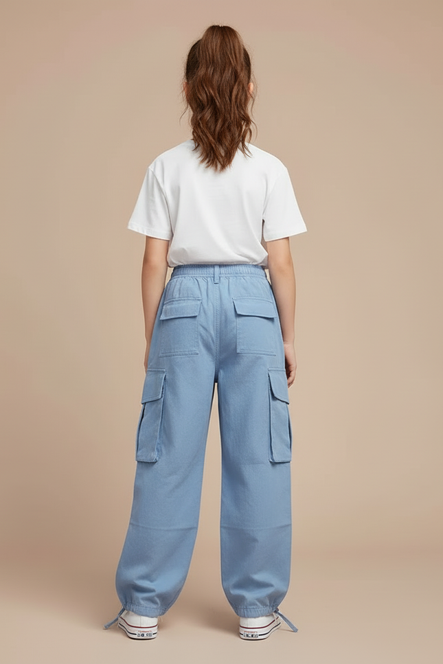 Pantalon Cargo Bleu Ample Décontracté Multipoches Enfant - Jean - vue 2