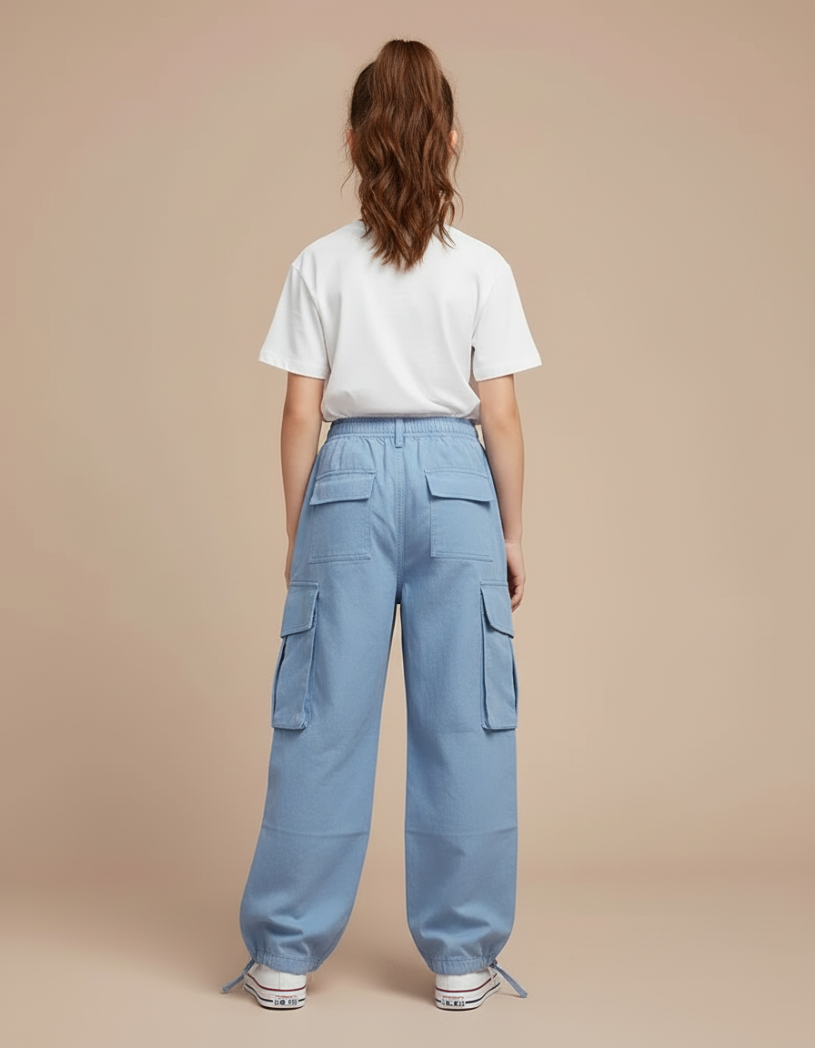 Pantalon Cargo Bleu Ample Décontracté Multipoches Enfant - Jean - vue 2