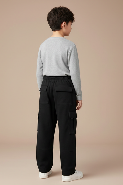Pantalon Cargo Noir Ample Multipoches Enfant Doublé Polaire - Molleton - vue 2
