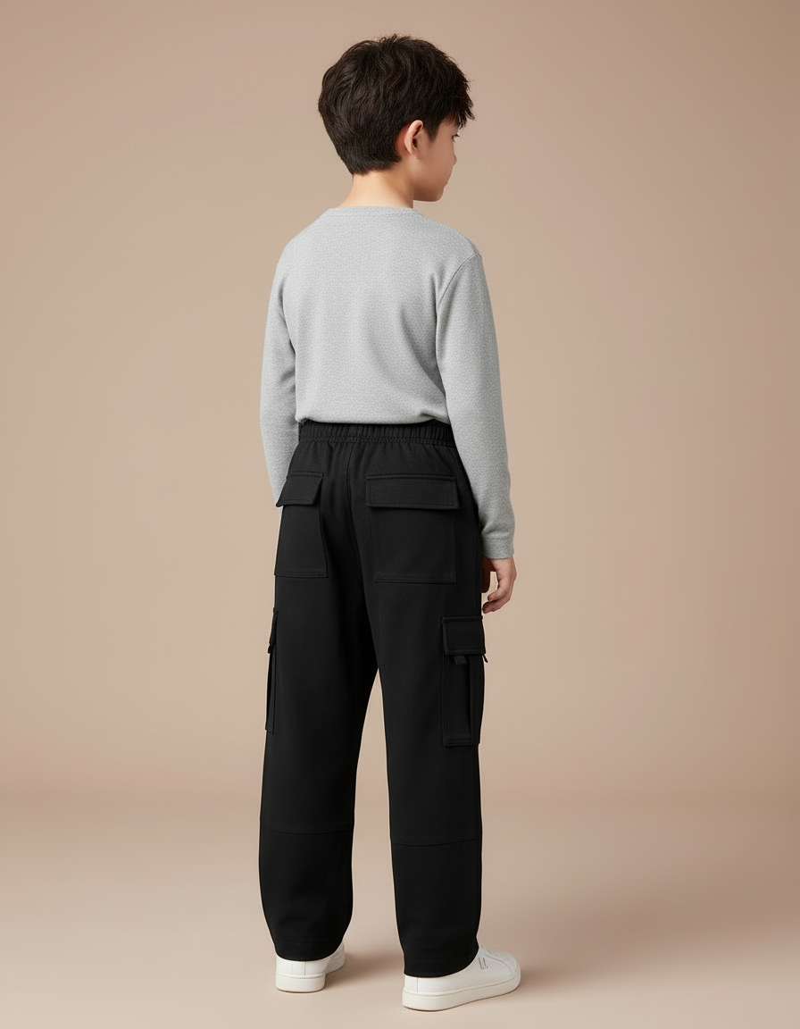 Pantalon Cargo Noir Ample Multipoches Enfant Doublé Polaire - Molleton - vue 2