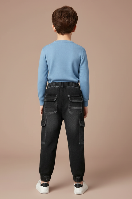 Pantalon Cargo Noir Denim Multipoches Élastiqué Garçon - Jean - vue 2