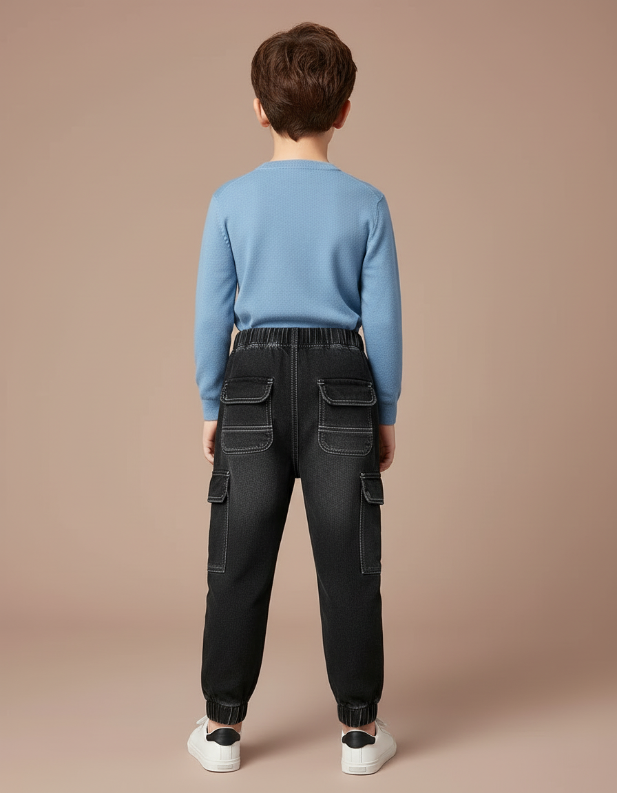 Pantalon Cargo Noir Denim Multipoches Élastiqué Garçon - Jean - vue 2