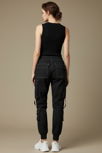 Pantalon Cargo Noir Décontracté Multi-Poches Femme - Polyester - vue 2
