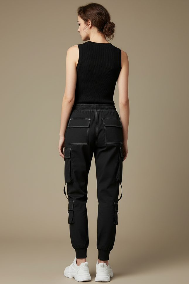 Pantalon Cargo Noir Décontracté Multi-Poches Femme - Polyester - vue 2
