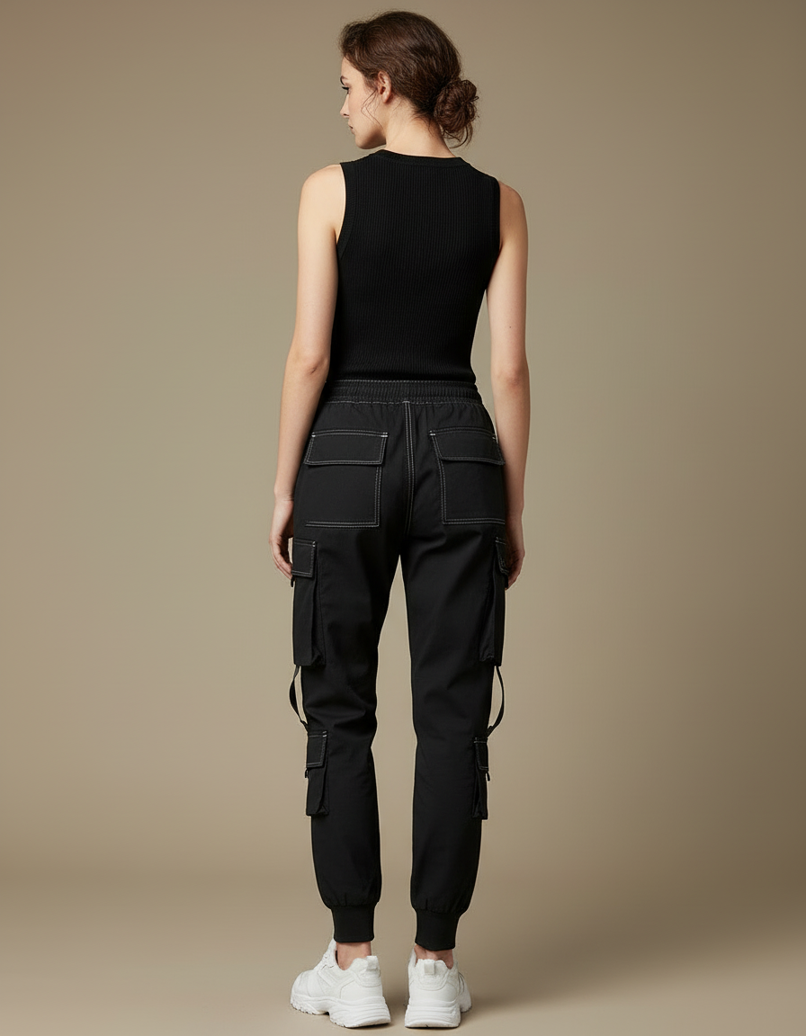 Pantalon Cargo Noir Décontracté Multi-Poches Femme - Polyester - vue 2