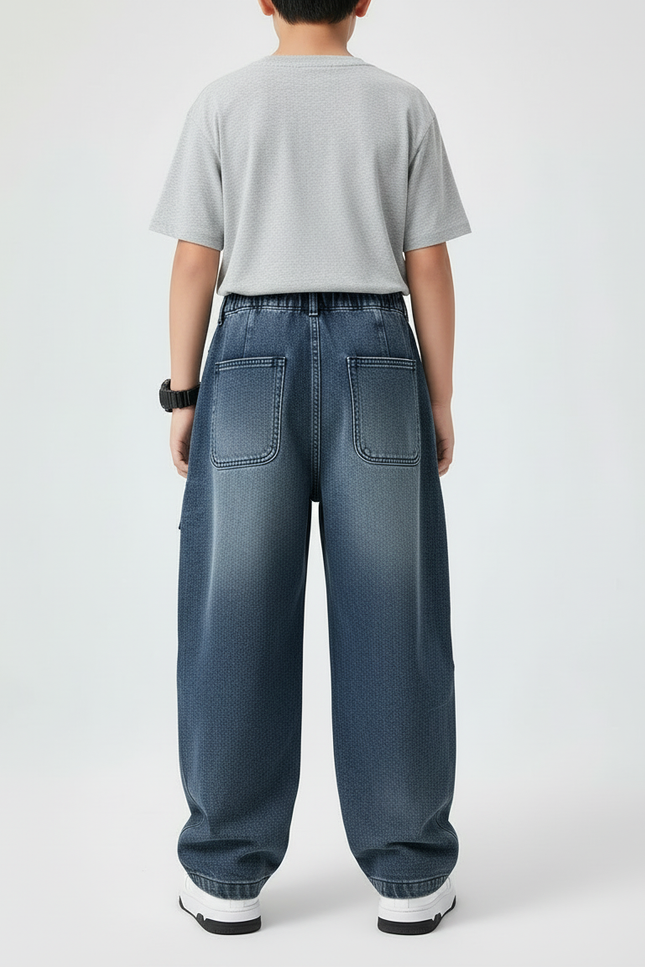 Pantalon Cargo Denim Ample Multipoches Décontracté Enfant - Bleu Jean - vue 2