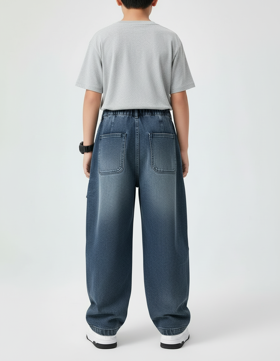 Pantalon Cargo Denim Ample Multipoches Décontracté Enfant - Bleu Jean - vue 2