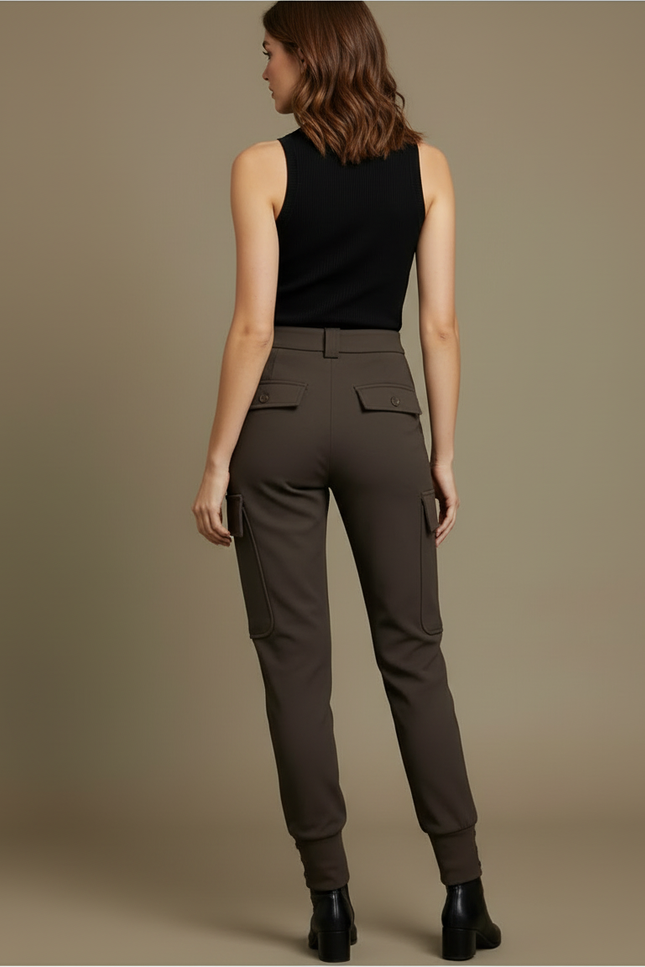 Pantalon Cargo Kaki Taille Haute Côtelé Femme - Gabardine - vue 2