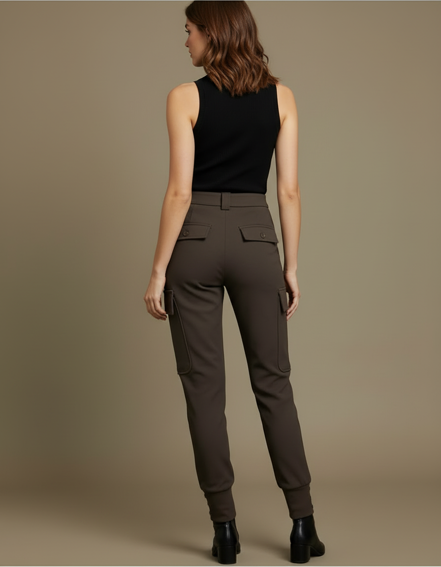 Pantalon Cargo Kaki Taille Haute Côtelé Femme - Gabardine - vue 2