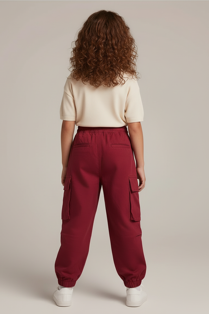 Pantalon Cargo Rouge Ample Multipoches Streetwear Enfant - Bordeaux Coton - vue 2