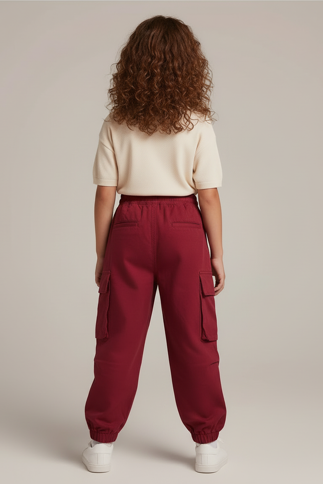 Pantalon Cargo Rouge Ample Multipoches Streetwear Enfant - Bordeaux Coton - vue 2