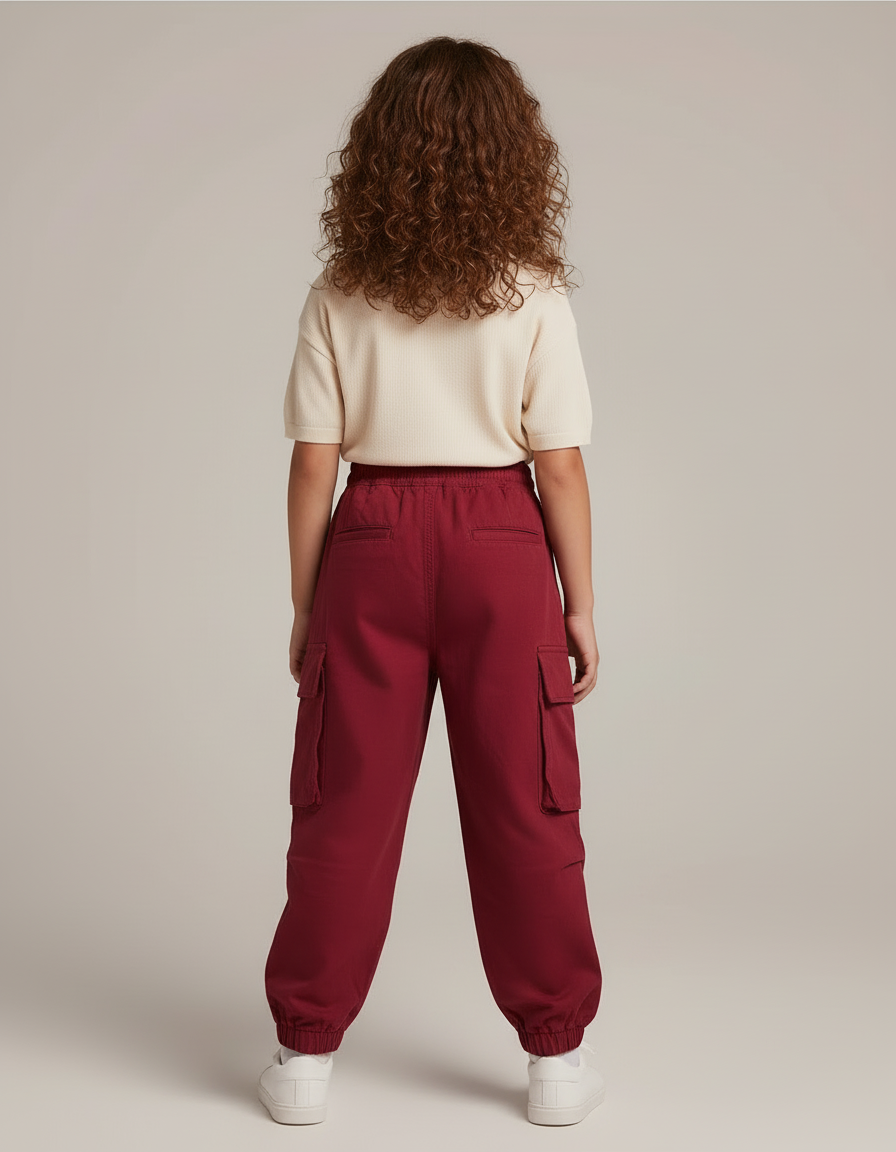 Pantalon Cargo Rouge Ample Multipoches Streetwear Enfant - Bordeaux Coton - vue 2