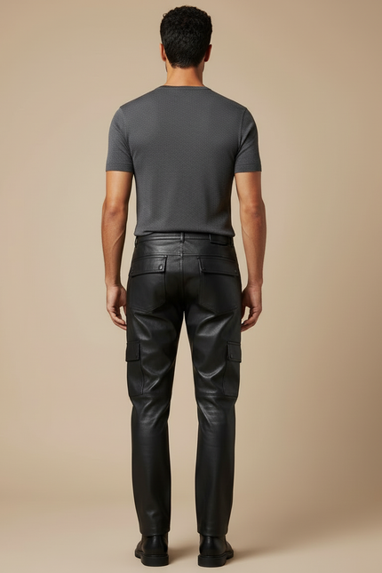 Pantalon Cargo Homme Noir Similicuir Droit Poches Latérales - Simili cuir - vue 2