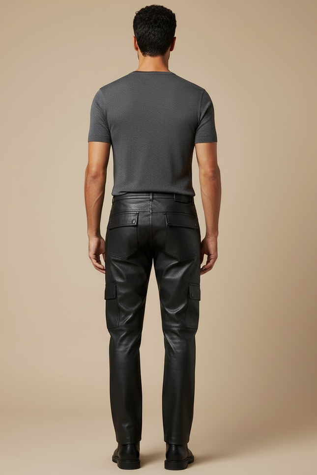 Pantalon Cargo Homme Noir Similicuir Droit Poches Latérales - Simili cuir - vue 2