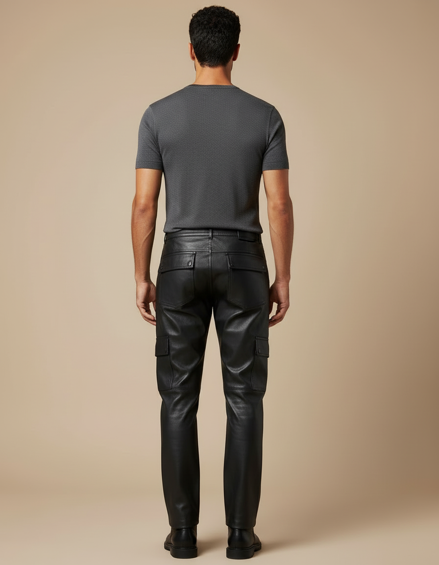 Pantalon Cargo Homme Noir Similicuir Droit Poches Latérales - Simili cuir - vue 2