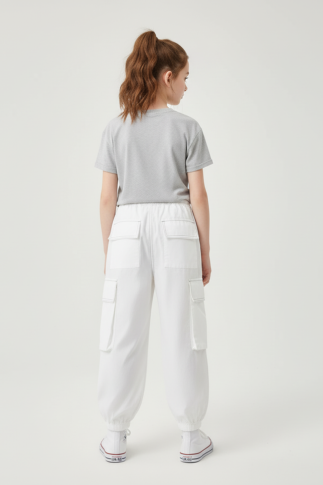 Pantalon Cargo Blanc Ample Poches Coton Fille - vue 2