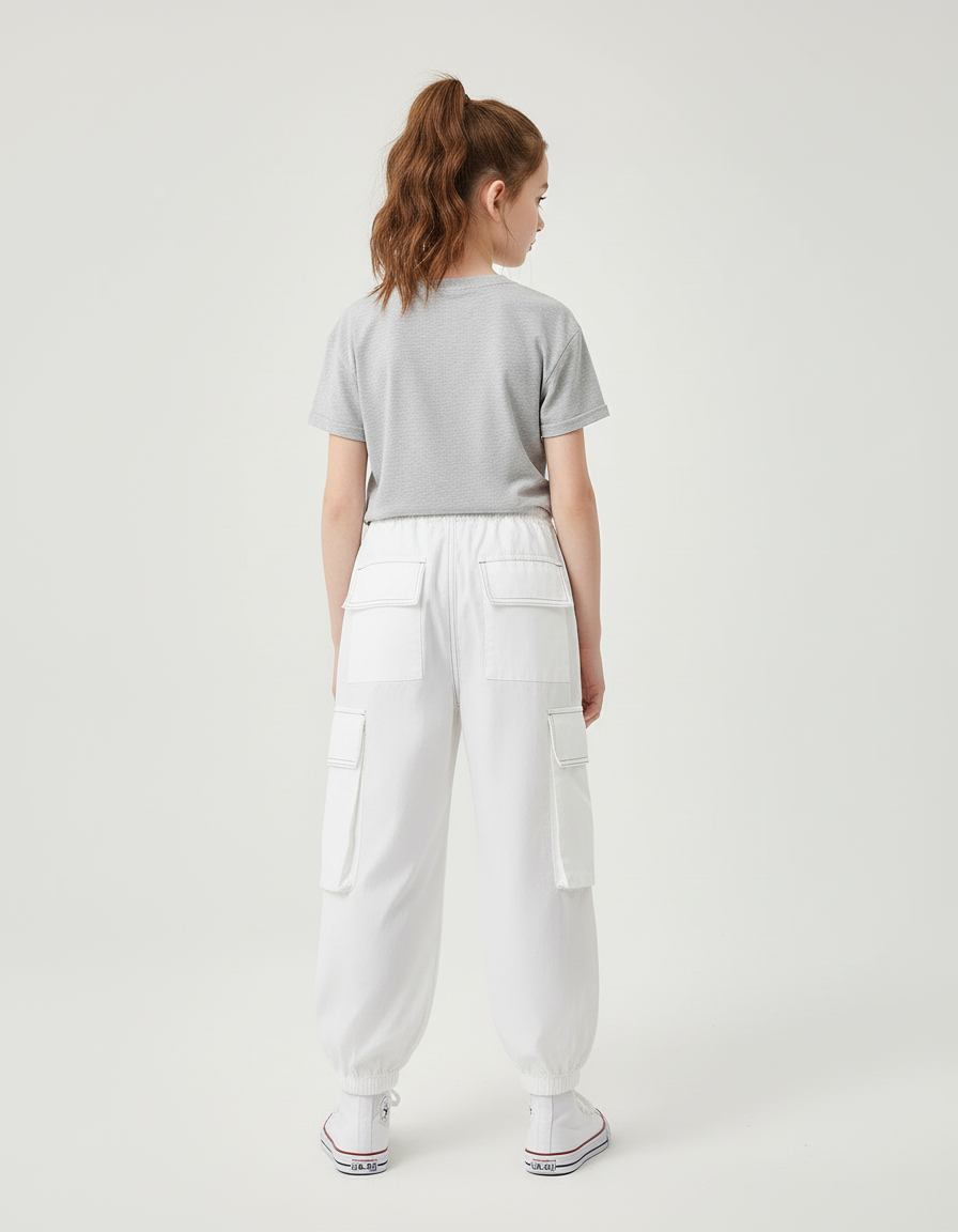Pantalon Cargo Blanc Ample Poches Coton Fille - vue 2