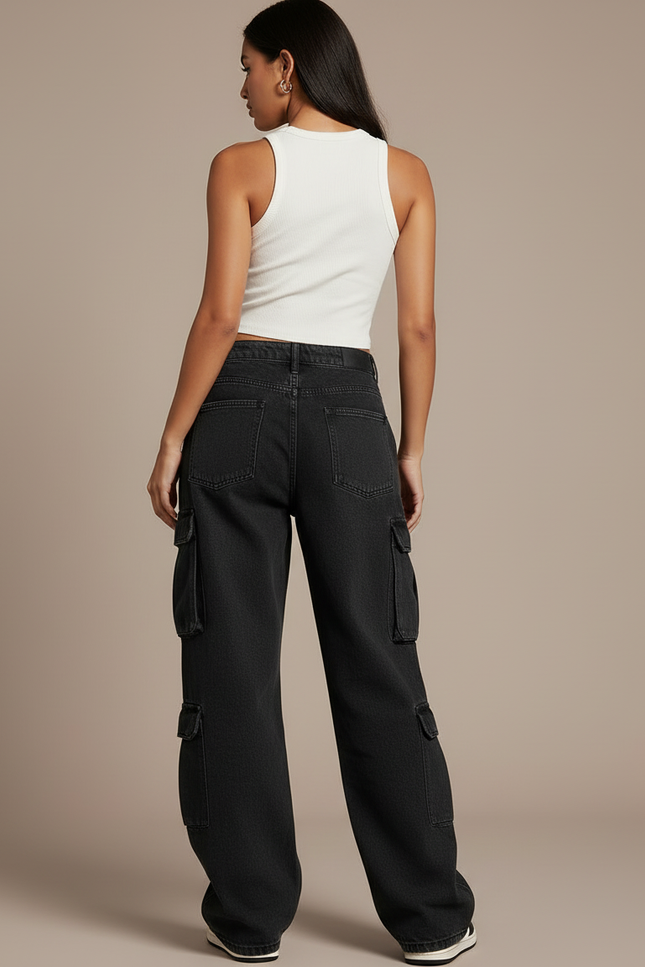 Pantalon Cargo Noir Ample Denim Taille Basse Femme - Jean - vue 2