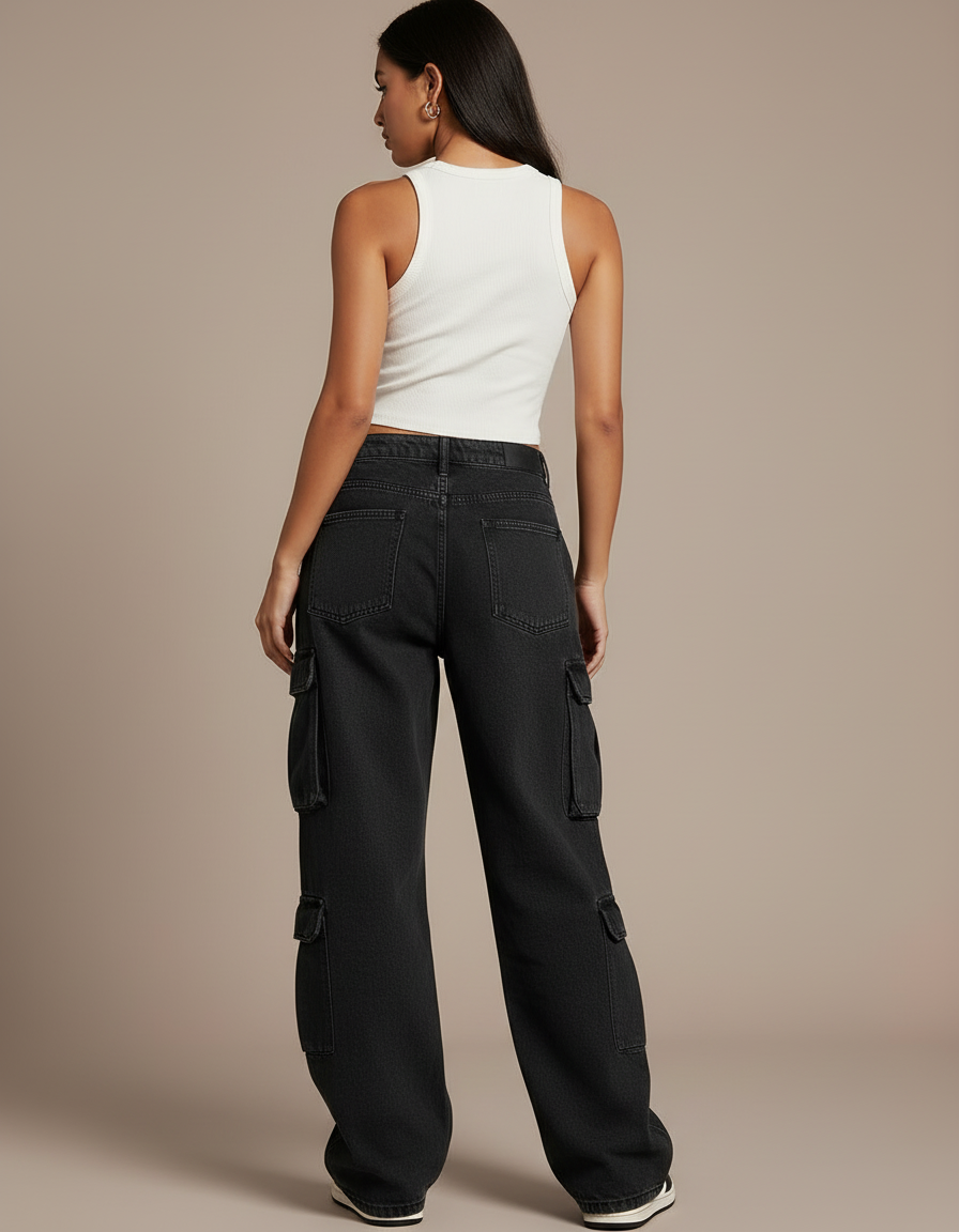 Pantalon Cargo Noir Ample Denim Taille Basse Femme - Jean - vue 2