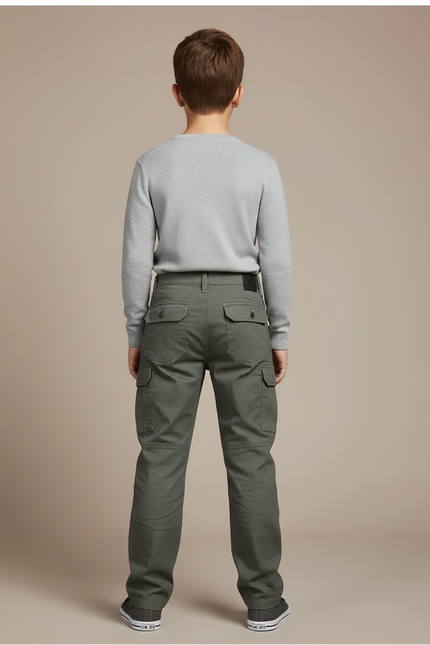 Pantalon Cargo Vert Multipoches Classique Enfant - Kaki Toile - vue 2