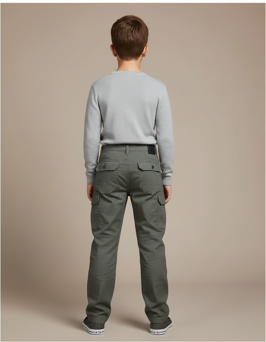 Pantalon Cargo Vert Multipoches Classique Enfant - Kaki Toile - vue 2