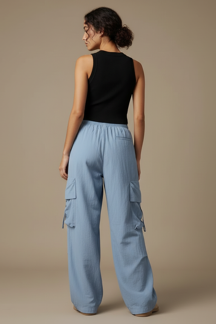 Pantalon Cargo Bleu Ample Taille Haute Décontracté Femme - Toile - vue 2