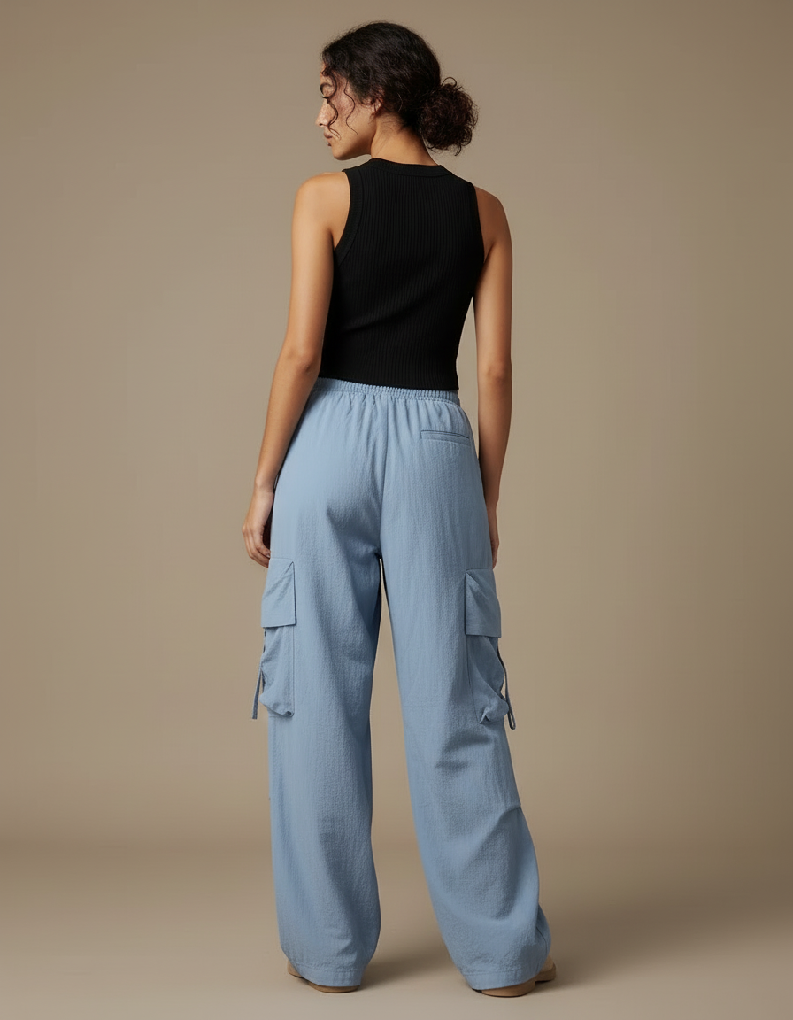 Pantalon Cargo Bleu Ample Taille Haute Décontracté Femme - Toile - vue 2