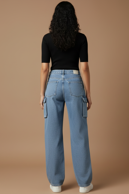 Pantalon Cargo Jean Ample Bleu Multipoches Femme - vue 2
