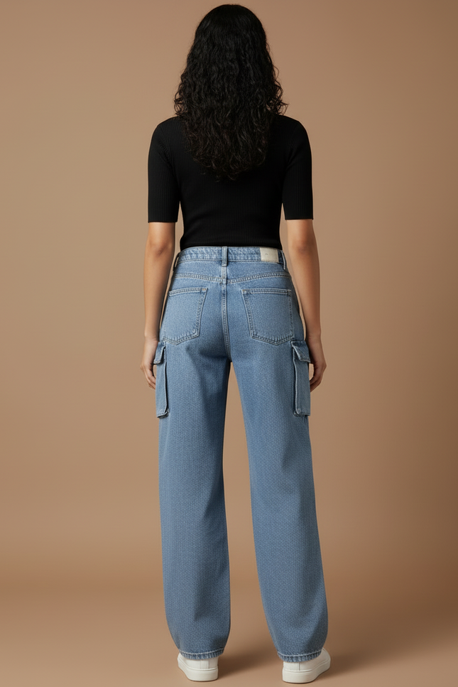 Pantalon Cargo Jean Ample Bleu Multipoches Femme - vue 2
