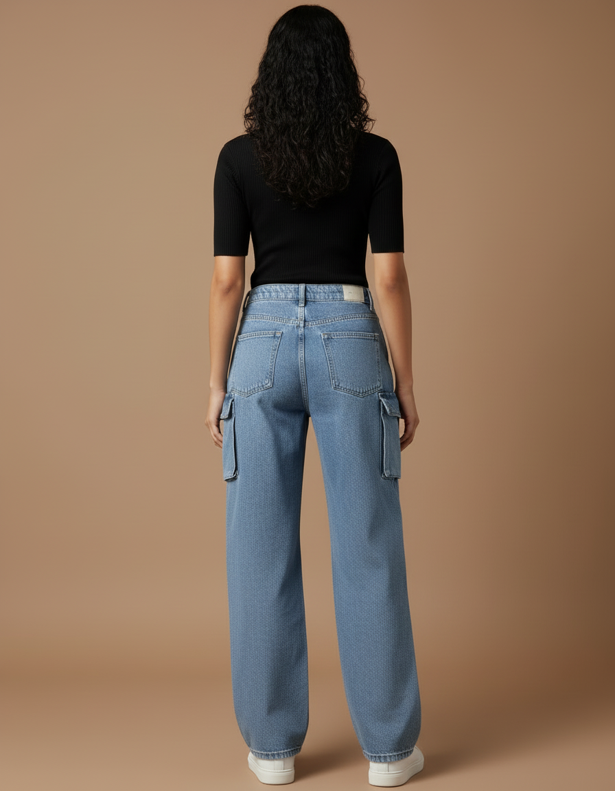 Pantalon Cargo Jean Ample Bleu Multipoches Femme - vue 2