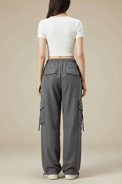 Pantalon Cargo Gris Ample Décontracté Multipoches Femme - Polyester - vue 2