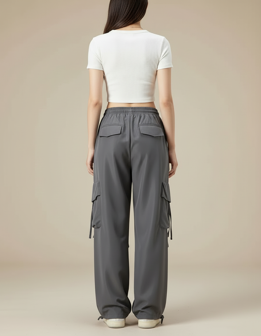 Pantalon Cargo Gris Ample Décontracté Multipoches Femme - Polyester - vue 2