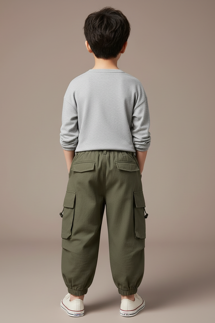 Pantalon Cargo Vert Militaire Ample Garçon Décontracté - Kaki Toile - vue 2