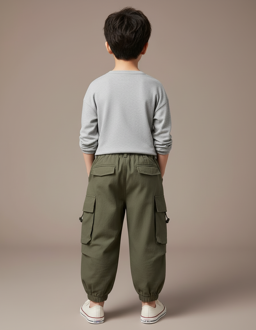Pantalon Cargo Vert Militaire Ample Garçon Décontracté - Kaki Toile - vue 2