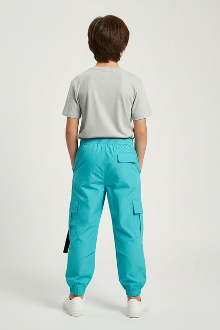 Pantalon Cargo Turquoise Ample Poches Sangles Enfant - Bleu Polyester - vue 2