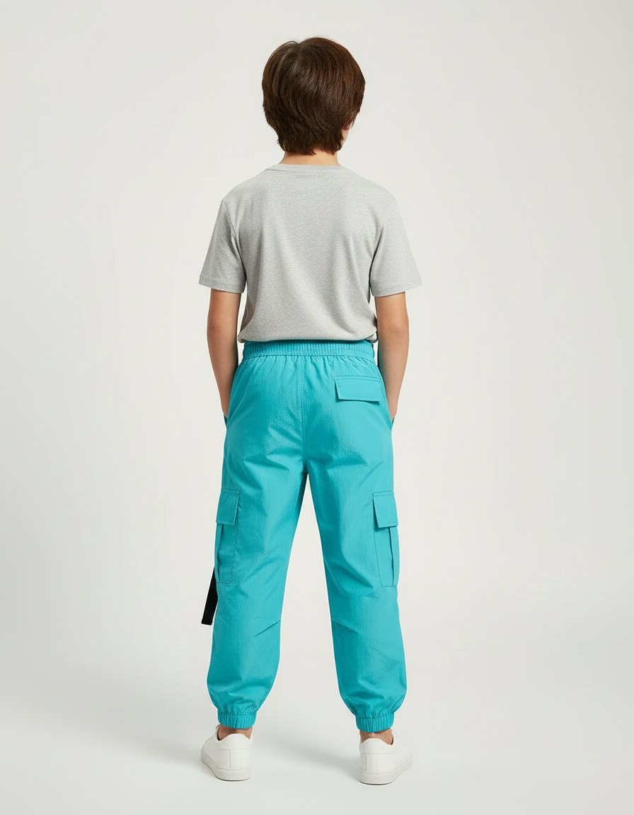 Pantalon Cargo Turquoise Ample Poches Sangles Enfant - Bleu Polyester - vue 2