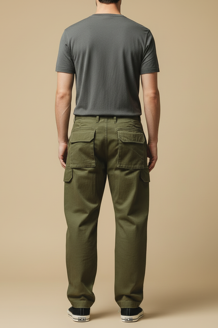 Pantalon Cargo Vert Kaki Ample Coton Multipoches Homme - vue 2