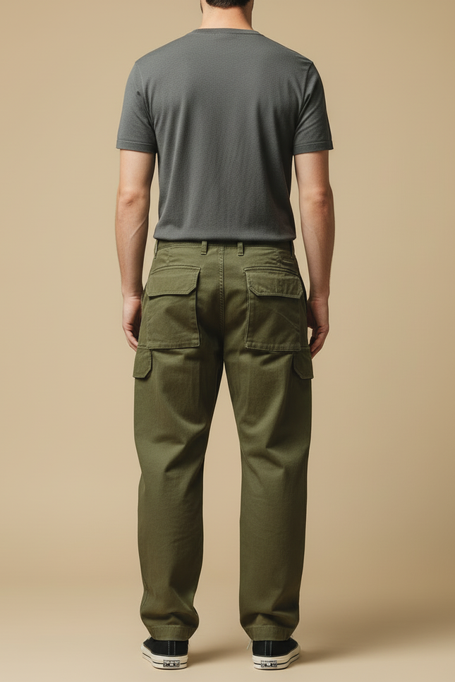 Pantalon Cargo Vert Kaki Ample Coton Multipoches Homme - vue 2