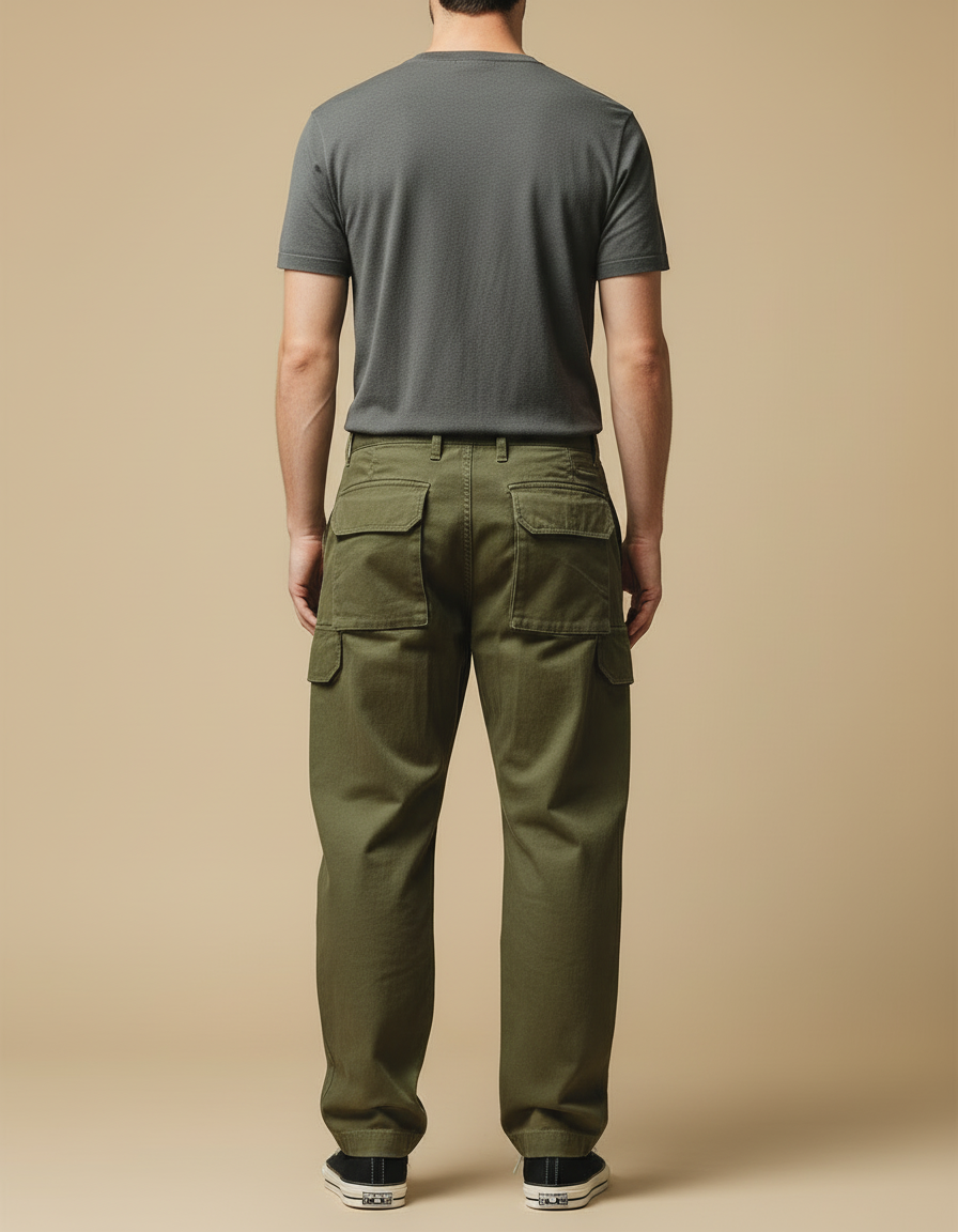 Pantalon Cargo Vert Kaki Ample Coton Multipoches Homme - vue 2